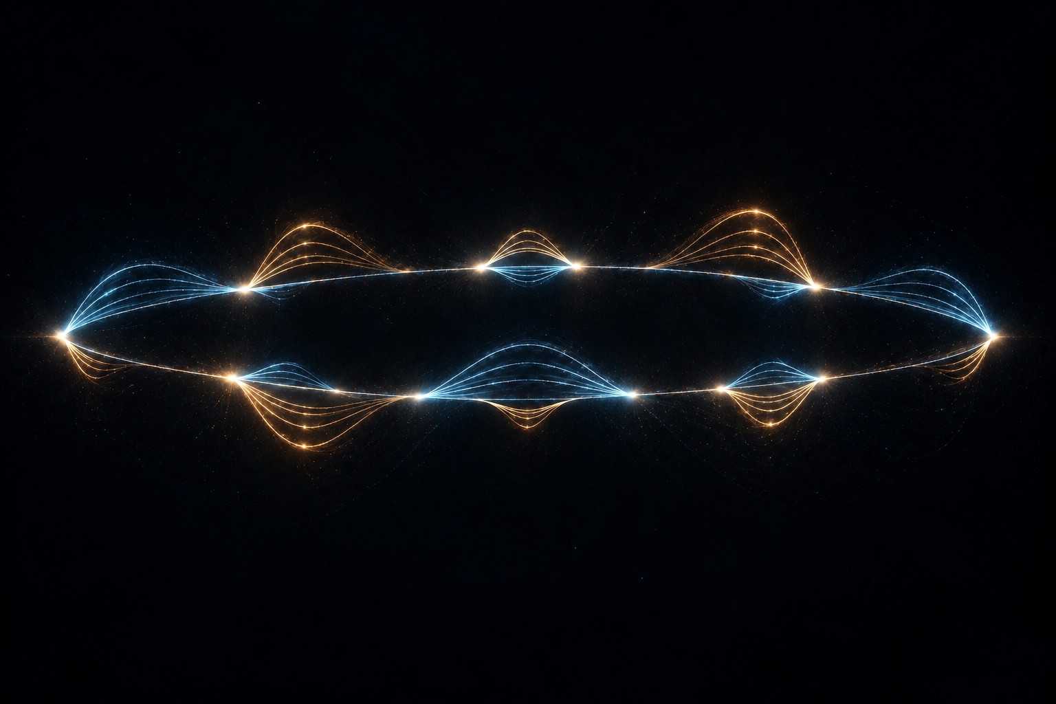 The strongest blue and gold concentrations occur at different places along shared channels. They picture the measured mismatch between collision weights and prime-sum strength. The reduced overlap is a finite observation, not a proved permanent separation.