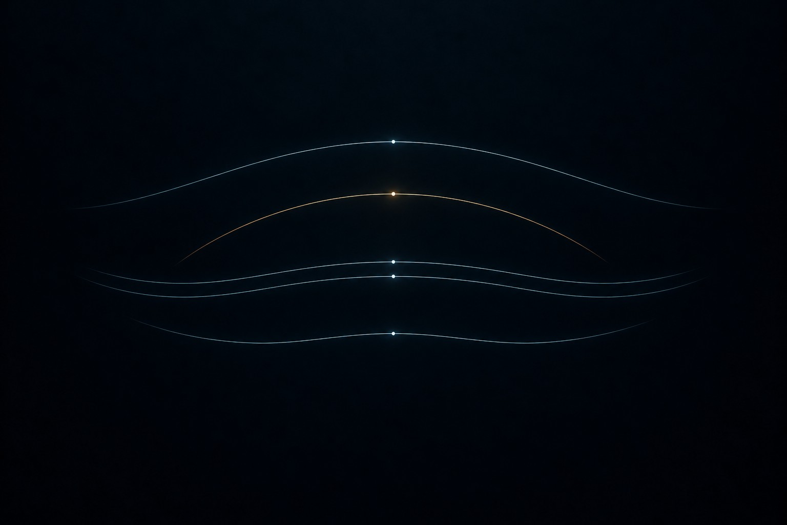 A gold contour hangs in the dark interval between separated strata. That untouched space carries the three-tier theorem: a whole interval of alignment scores is absent.