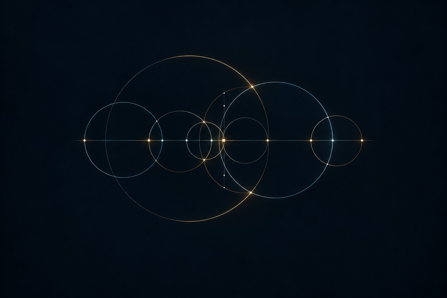 The overlapping circles stand for remainder clocks with different periods. Their positions change while their assigned weights stay fixed and add to one. The collision deficit comes from their weighted ages, not from a loss of total mass.