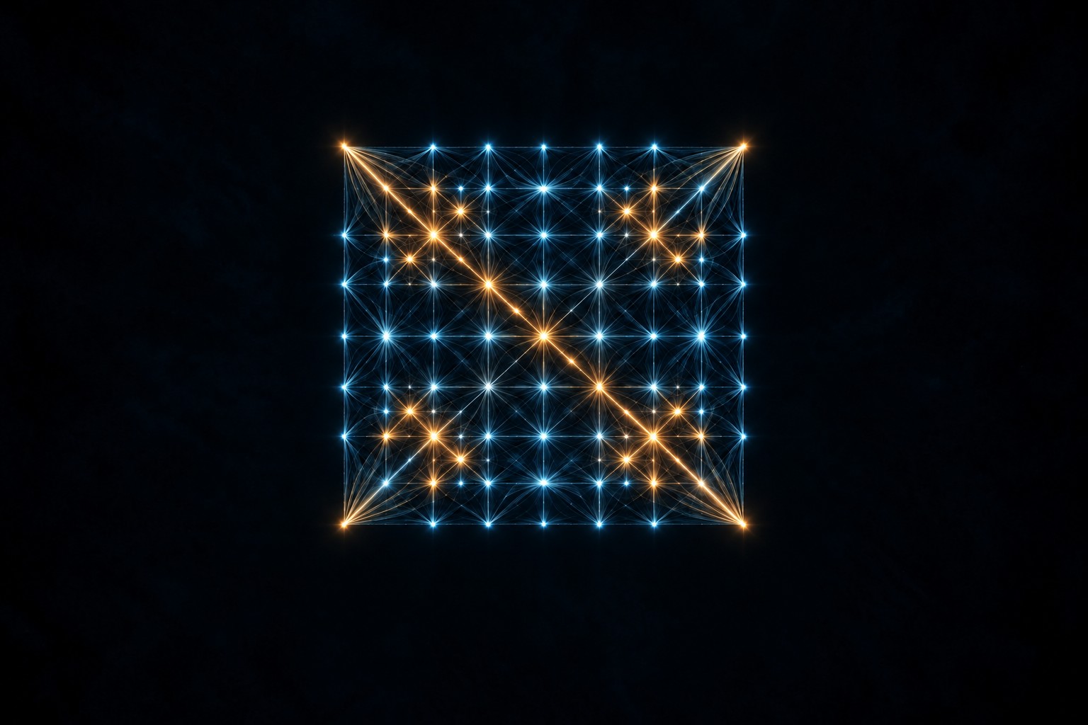 The gold diagonal records each fraction agreeing with itself. Mirrored lights away from it stand for matches between different fractions. Keeping their positions preserves the arrangement that a single average loses.