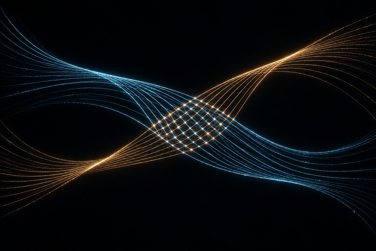 Blue and gold families cross without losing their separate paths. They represent centered collision signals from two coprime bases. Averaging recovers either signal from the mixture, and their energies add without a cross-term.