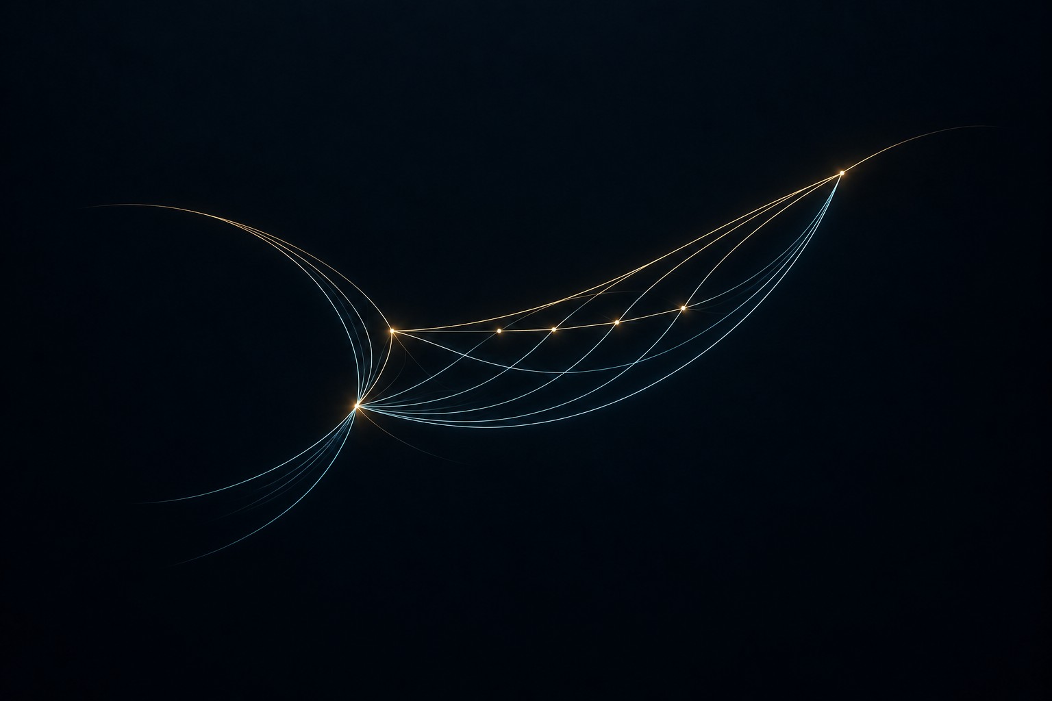 Blue contours meet in a measured rhythm, and selected coincidences carry a gold phrase across the field. Prime-ratio relationships become the intervals of just intonation.