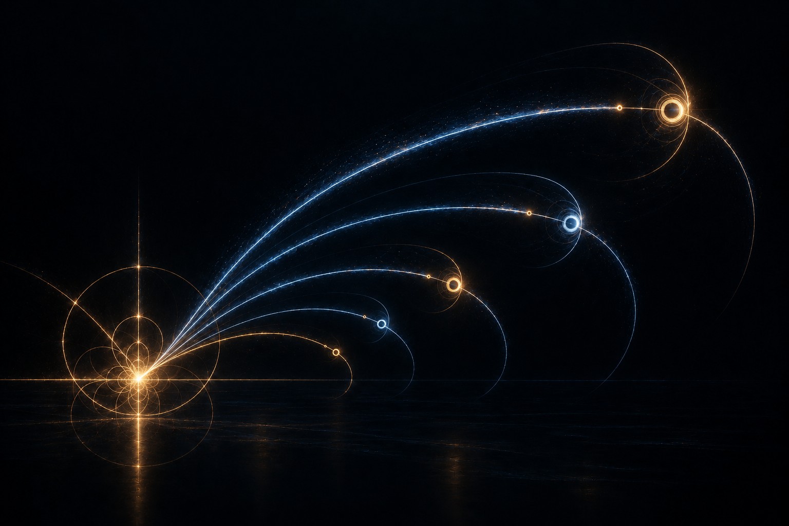 The paths share a finite source but carry unequal weights. Each collision coefficient combines a digit-boundary factor with an L-value. The differently weighted loops recall that the strength of a spectral channel depends on both.