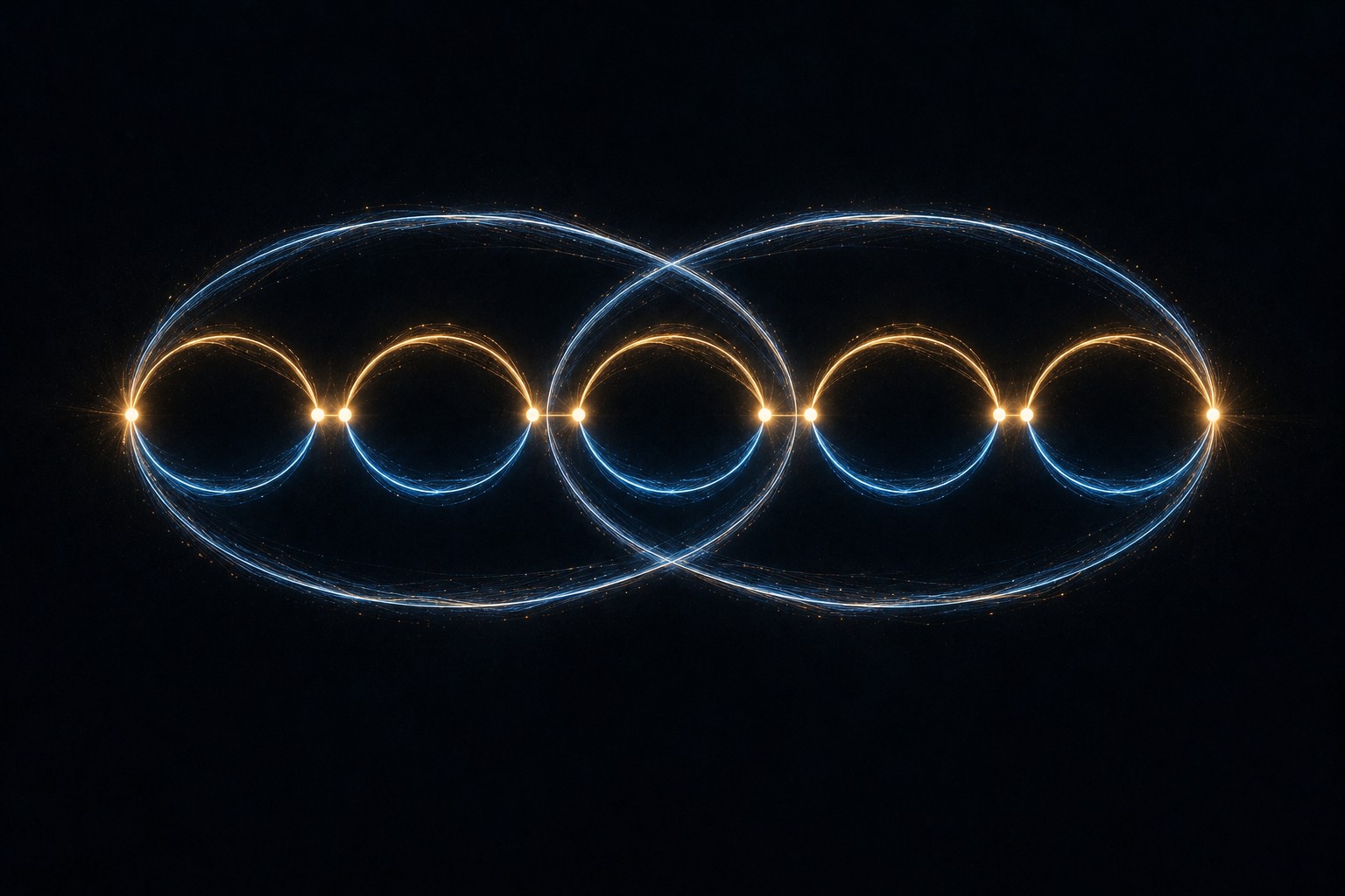 Overlapping outlines contain whole copies of the same blue and gold unit. They picture balanced groups surviving simultaneous restrictions modulo distinct primes. Each allowed class retains the arithmetic needed to cancel its own drift; restrictions involving prime squares require separate analysis.