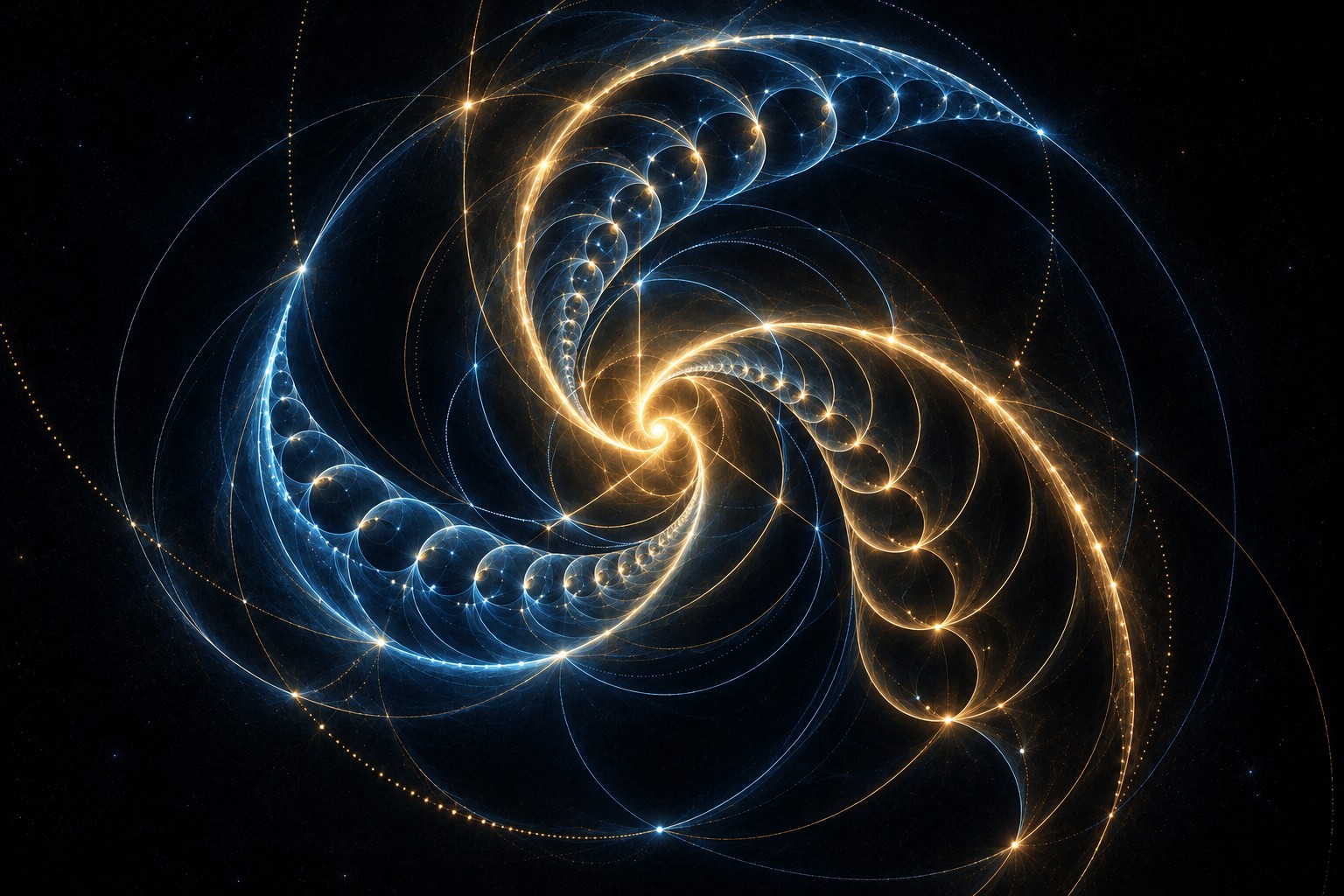 Three winding families recall the residue classes behind the alignment count. Their gold crossing marks the point where that count passes the golden threshold, selecting three among odd prime cores.