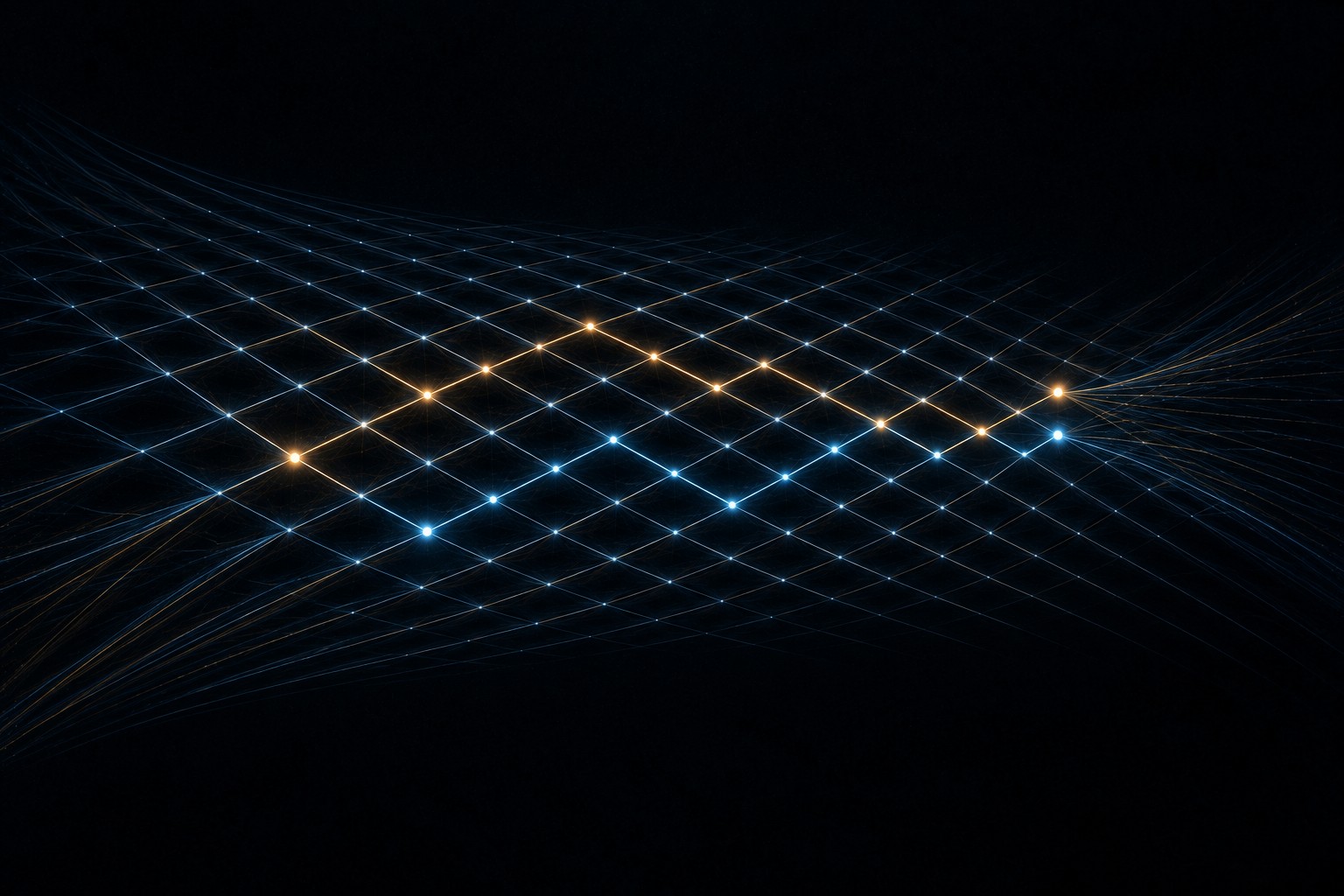 The lattice records multiplication along prime directions. Two gold routes nearly meet without closing, recalling the gap between twelve fifths and seven octaves. The near miss comes from tuning arithmetic, not a golden spiral.